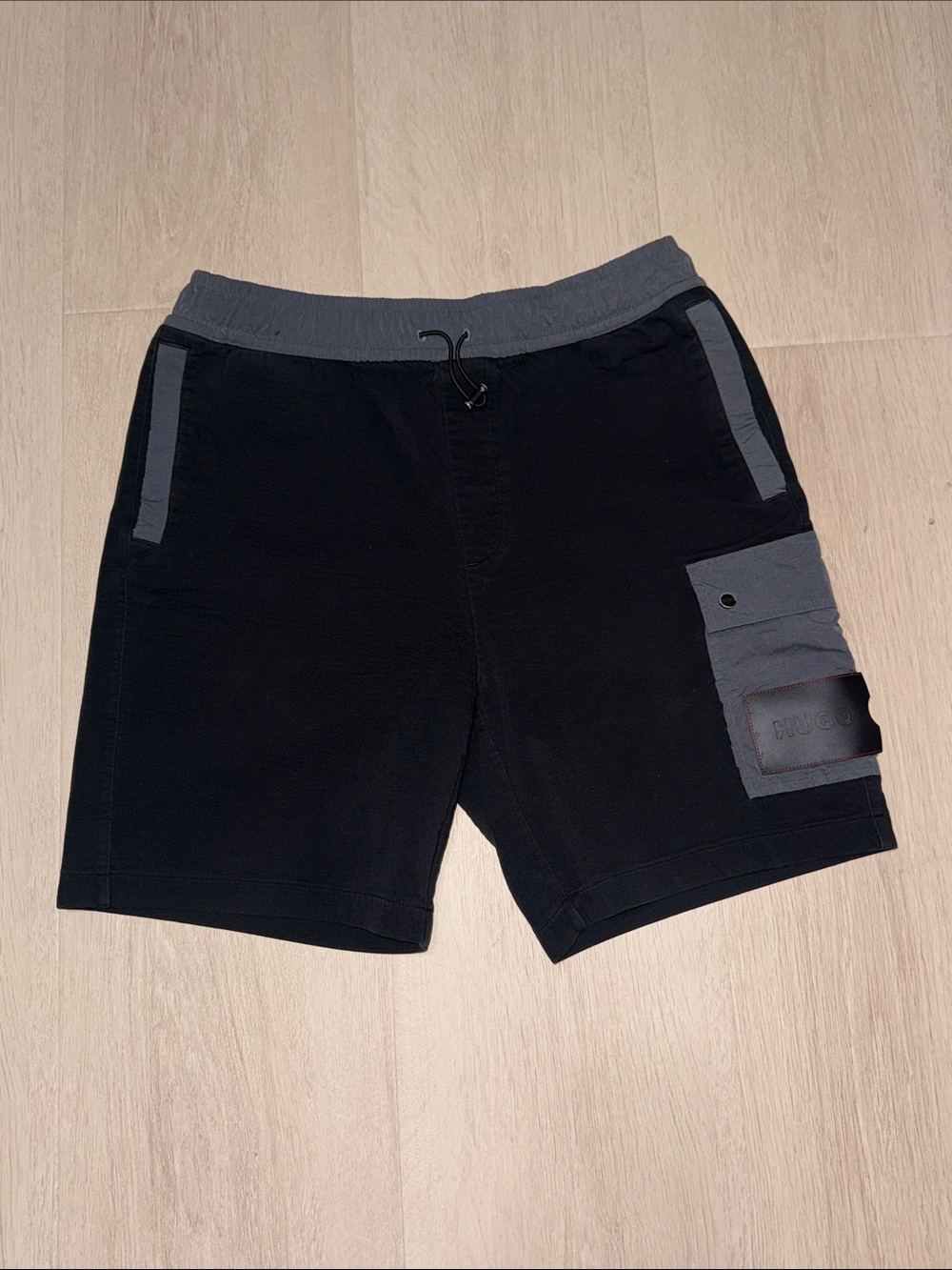 HUGO Black Cargo Knit Shorts with Gray Accents